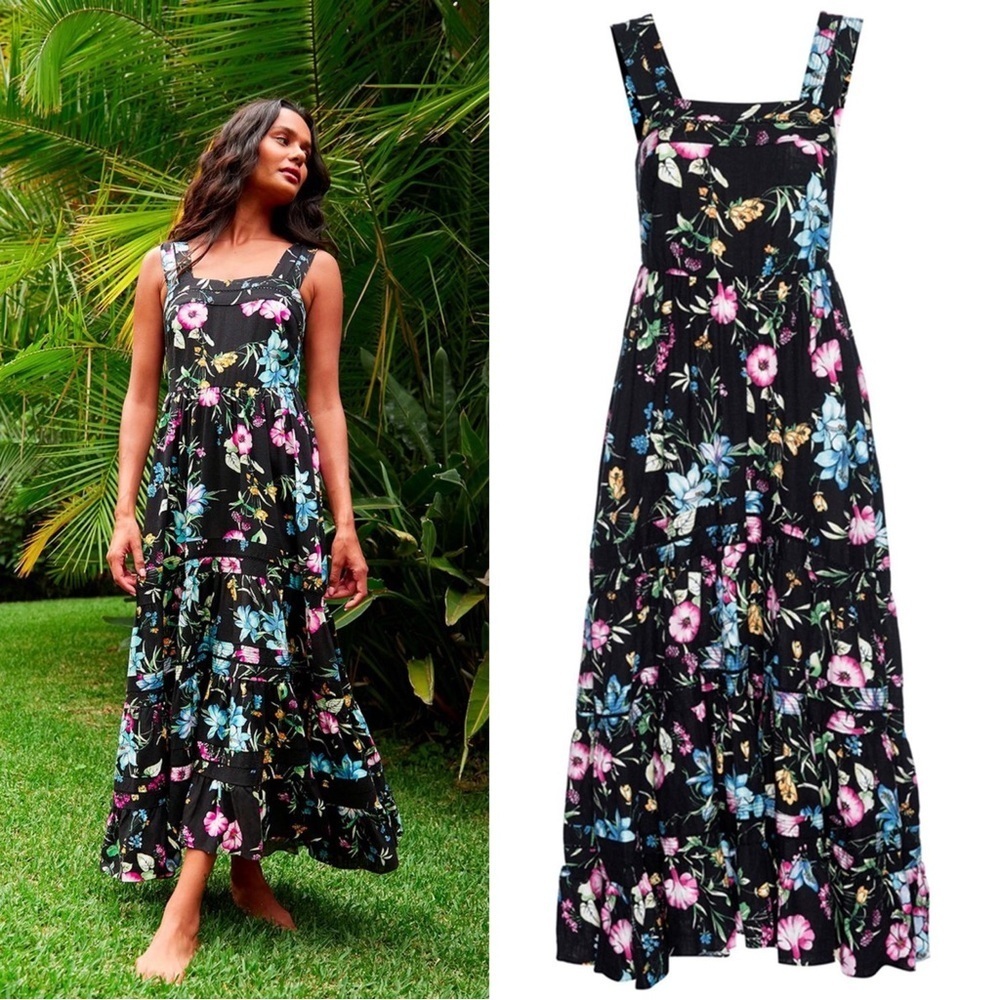 MISA • Anthropologie Aurelia Flouncy Floral Midi Dress maxi black floral linen